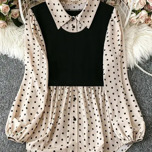 Plus Size Women's Polka Dot Blouse, Fitted Long Sleeve Casual Comfy Shirt Classy Top for Fall, Comfortable Daily Wear for Holiday, Casual Bishop Sleeve Blouse Shirts
