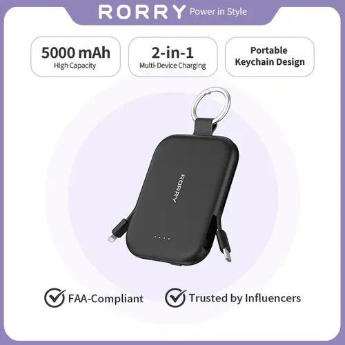 RORRY 5000/10000mAh Fast Charging Universal Power Bank - 2 Built-in Cables, Mini Keychain Portable Charger for iPhone & Android Mobile Devices, 5000mAh Black, Back to School, Device, Compact, Portable Battery Pack