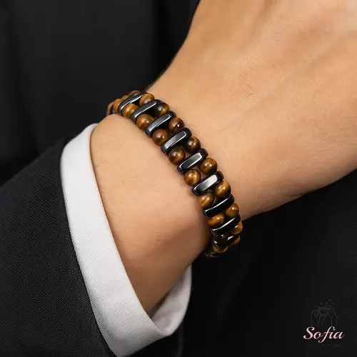 Men's Sofia Protection Bracelet - Natural Tiger's Eye & Hematite Crystals - 7-8 in Adjustable Size - Elegant Bohemian Style - for Male Daily Wear - 3 Months Warranty - by Sofiadesignsboutique - Crystals for Boyfriend Jewelry Accessory