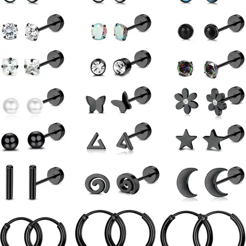 21 Pairs of Stainless Steel Flat Back Earrings, Hoop Earrings and Studs, 20G Screw Back Posts, Flatback Cartilage Earrings for Stacking, Earring Stacks, Hypoallergenic Jewelry for Sensitive Skin, Earrings Set