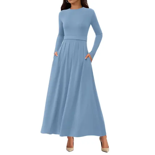 BTFBM Long Sleeve Dress for Women 2026 Winter Business Casual Clothes Pleated Fall Wedding Guest Dresses Pockets