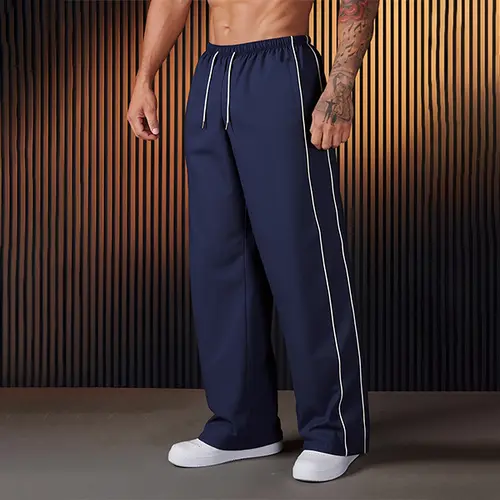 Men's Drawstring Straight Basic Plain Sports Pants,Loose Fit,Contrast Color Striped design,Unisex Versatile Simple Classic Casual Trousers,Suitable For Daily Wear,Going Out,Outdoor,Commuting,For Fall Menswear,Please place an order according to size chart
