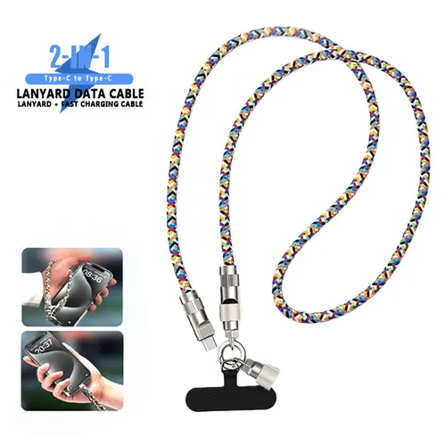 2-in-1 Lanyard USB Fast Charging Cable - 7mm Nylon Braided Mobile Accessory for Crossbody/Wrist Strap, Compatible with Cellphone & Android Devices