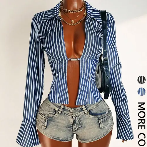 Women's Deep V Neck Striped Long Sleeve Top, V Neck Shirt, All-Season Wear, Slim Fit, Stylish Casual Blouse for Ladies