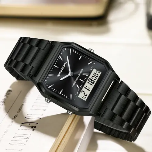 SANDA Digital Dual Display clock Unisex Waterproof Sports Quartz Analog Watch Wristwatches Luxury Stainless Steel Watch, Modern Waterproof Watch with Luminous & Alarm & Calendar Function, Waterproof Multifunctional Watch with Box, Analogue Quartz Watch