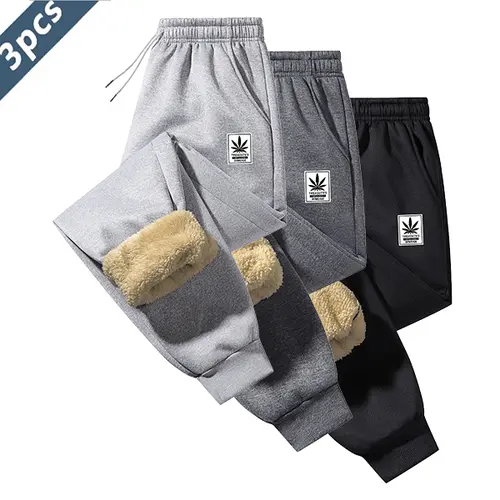 Men's 3-Piece Casual Fleece Pants Set - Plain Soft Clothes with 100% Polyester, Thick Sherpa Lining, Slant Pockets, Polyester Handles Daily Wear, Thick Sherpa Keeps You Warm for Menswear Bottoms