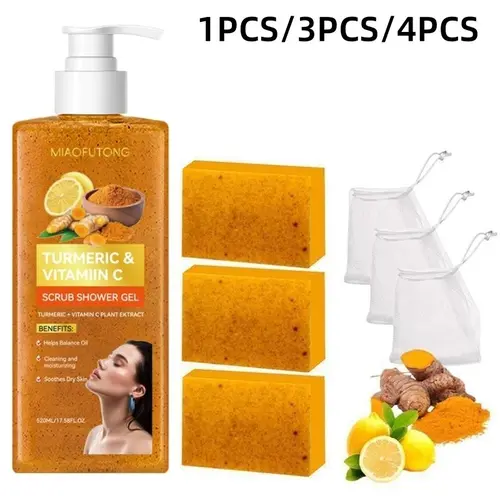 Turmeric Vitamin C Scrub Shower Gel  & Lemon Turmeric Soap Bar Set for Soft Radiant Skin with Natural Ingredients for Moisturizing and Hydrating