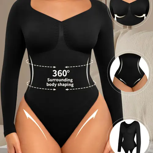 Women's Long Sleeve High Compression Elastic Tummy Tuck Shapewear Body Sculpting Compression Bodysuit, Minimalist Basic Tummy Control Seamless Bodysuits Thong V Neck Going Out Tops for Christmas Festival, Abdomen Control Bodysuit, Body Shaper Shapewear