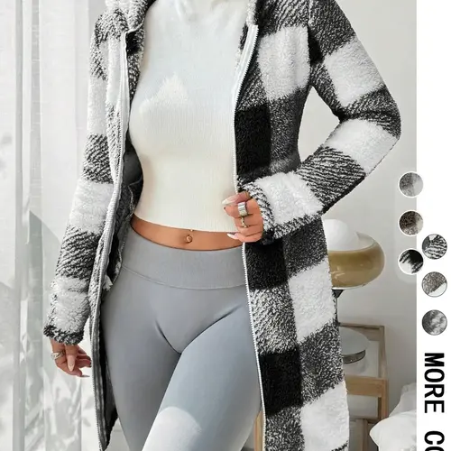 Women's Plaid Fleece Hooded Coat, Casual, Fitted, Soft Fluffy Fleece Fabric & Full Zip Closure & Hooded Design & Mid-Length Silhouette & Multiple Color Options，Valentine，1pc, Jackets, Fashion Casual Outerwear, Outerwear, Womenswear