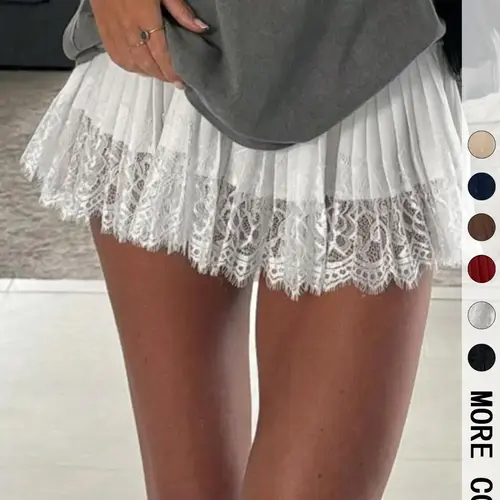 Women's Elastic Waist Mini Skirt Pleated Tiered Design Scalloped Fringe Lace Hem A-Line Flowy Short Skirt Y2K Coquette Style Cute Ruffled Micro Skirt Trendy Casual Bottom