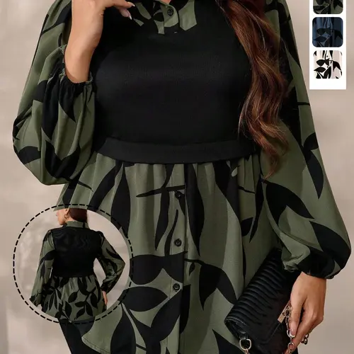 Plus Size Floral Leaf Print Two-In-One Top Blouse, Casual Long Sleeve Bishop Sleeves, Fashionable Fall/winter Women's Clothing