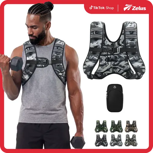 【BackToSchool】ZELUS Urban Tactical Military-Style Weighted Vest 6–30lb Camo with Reflective Stripe Detachable Phone Pouch & Adjustable Straps for Walking Workout Motivation & Strength Training|#