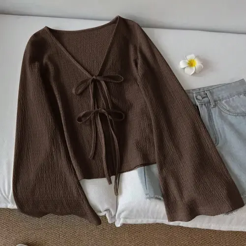 Women's Casual Loose-Fit Deep V-Neck Flounce Sleeve Blouse, Textured Solid Color Long Sleeve Front-Tie Top, All-Season Fashion
