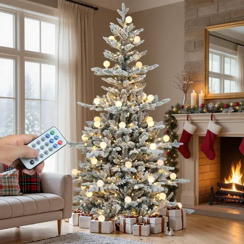 YITAHOME 6/7.5FT Pre-Decorated Prelit Flocked Layered Artificial Christmas Tree, Hinged PE & PVC Mixed Tips, Remote-Controlled 3 Lighting Colors 11 Modes Tree, Warmwhite Option, Removable Lampshade, Shedding Safe Flock, Holiday Home Decor, Party Light