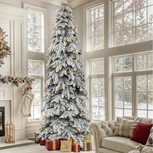 Yitahome Pre-Lit Flocked Artificial Christmas Tree (7.5/9/11 ft) - PE & PVC Mixed Branch Tips, Glowing LED Light-Up Specialty Tree Decor for Home Holiday Decoration, Room & House Use, Ornaments, Minimalist, Metal, Modern