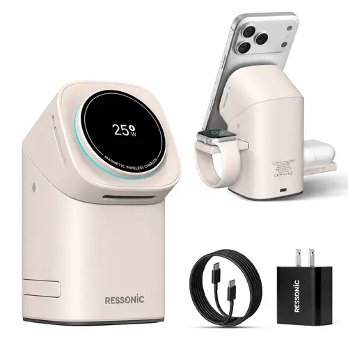 RESSONIC 3-in-1 Qi2 Certified Fast Wireless Charging Station - Magnetic Phone Charger, iPhone Charger for iPhone, Samsung, iWatch, AirPods, Automatic Rotation, Touch Pop-Up, Portable Aesthetic Desk Gadgets Charging Solution