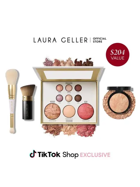 Laura Geller Tuscan Dreams Holiday Baked Starter Kit 4PC - Full Face Makeup Palette with Powder Foundation and Brushes for Flawless Skin - Beauty Kit