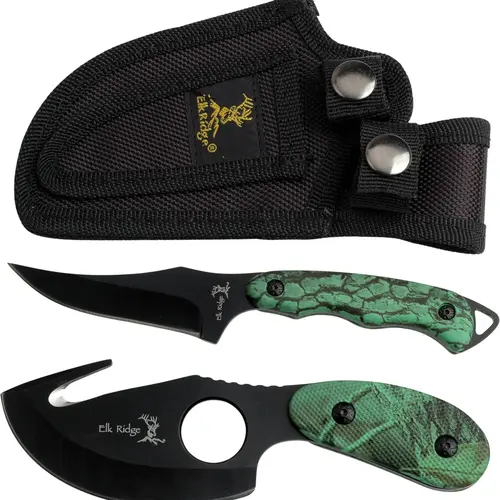 Elk Ridge 2-PC Fixed Blade Hunting Knife Set-Black Stainless Steel Skinner & Gut Hook Blades, ER-300CA,7-Inch/6.5-Inch Overall