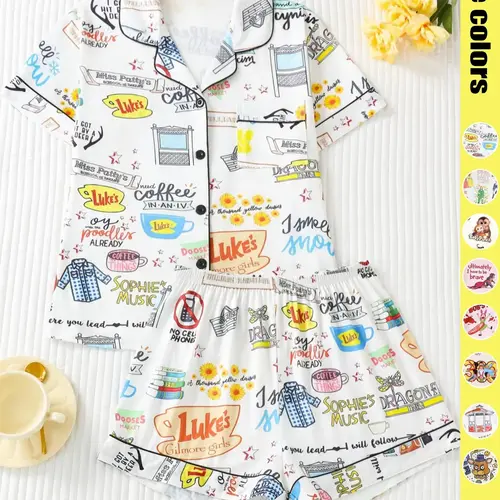 Women's Cartoon Print Pajama Set, Casual Fitted Summer Sleepwear & Loungewear, Comfortable Elastic Shorts & Button-Down Top, Elegant Ladies' Nightwear