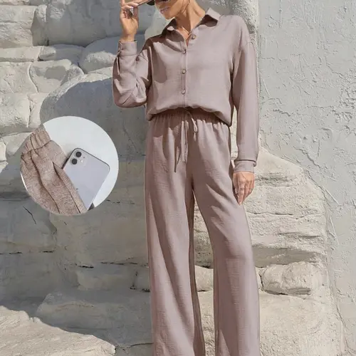 Women's Loose-Fit Blouse & Wide-Leg Pants Set, Womenswear, Modest Style, Casual, Thin Woven Fabric, Breathable, All-Season Everyday Wear, Regular Length Top, Pocket Detail, Suits