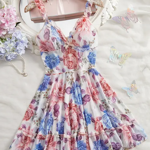 Women's Elegant Floral Print Nightdress, V Neck Ruffle Design Soft Comfortable Strap Fashion Sleepwear Loungewear, All Seasons Fitted Style