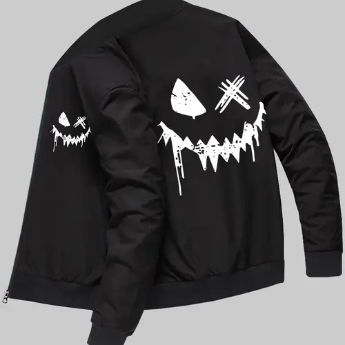 Men's Outerwear Sports Casual Jacket Halloween Spooky Smiley Face Unique Print Spring/Fall Zipper Cardigan Baseball Collar Jacket with Pockets Top for Daily Outings and Holiday Wear