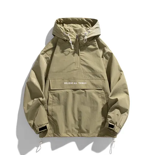 Men's Half Zip Windbreaker Jacket Lightweight Hooded Coat with Drawstring Hem and Side Pockets, Suitable for Teens and Adults, Oversized Streetwear Outdoor Sports Jacket, Olive Green/Other Colors All Season Casual Jacket, Menswear Stylish Big Loose Fashio