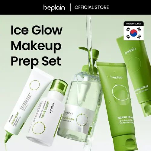 Beplain Mung Bean Poreless Texture Reset 5PC Nontoxic Beauty Skincare Set - Gentle Cleansing Oil, Foam, Peeling Gel, Dewy Serum, Detox Moisturizer for Acne-Prone Skin Daily Use