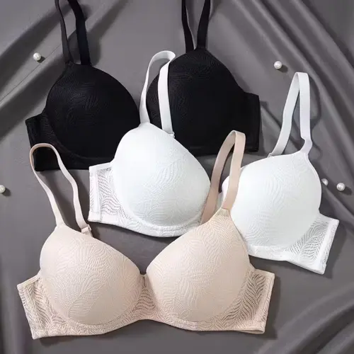 3pcs Solid Lace Underwire Push Up Bra, Sexy Comfy Women's Lingerie & Underwear