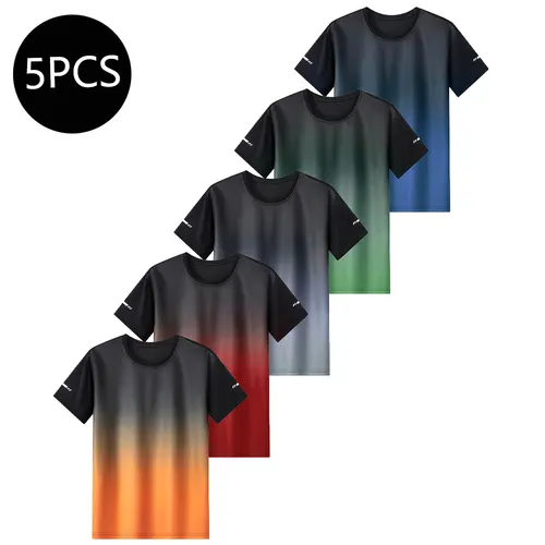 Men's 1-5 Pack Fitted Gradient Polyester Crew Neck Activewear Shirts - Knitted, Cool Thin, Runready Thin Sportswear for Gym & Running Summer Workout Tops (5 Tees Available)