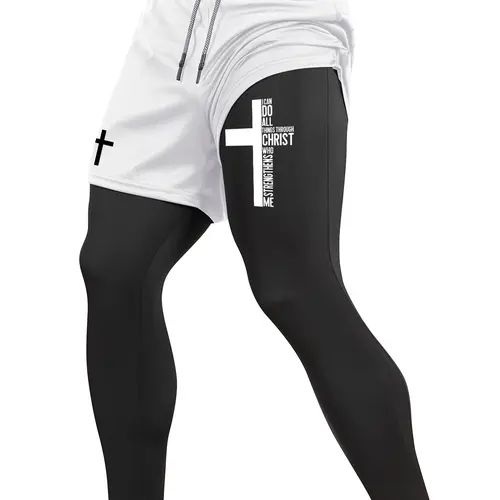 Men's Cross Letter Print 2 in 1 Compression Pants, Athletic Bottoms, High Compression Fit, Spring & Fall Gym Workout Fitness Tights Stretchy Workout Leggings with Phone Pocket, Zipper Pocket, Athletic Running Quick Dry Baselayer Activewear for Fitness