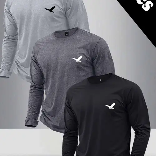 Men's 3-piece set long-sleeve T-shirt with eagle print, all-season suitable men's top, sports T-shirt suitable for outdoor sports and exercise wear, perfect gift for boyfriend, stylish long T-shirt