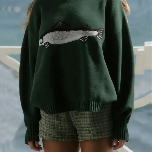 Women's Fish Shark Animal Pattern Y2K Long Sleeve Round Neck Loose Fit Vintage Casual Knitted Graphic Crewneck Sweater Pullover, Casual Everyday Spring & Fall Fashion, Moderate Fabric Thickness, Oversized Knitwear Womenswear, Fashion Knitwear Clothing