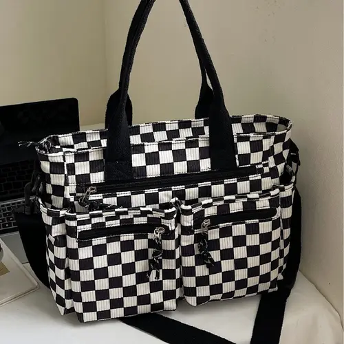 Plaid Leopard Print Velvet Large Capacity Multi-Pocket Mom Bag Tote Bag Purse, Simple Design Portable Crossbody Bag, Daily Use Totem Bag