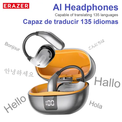 ERAZER XT66Pro OWS Multifunctional Earbuds - Light-weight AI Headphones with Remote Control, Noise Cancellation, 135-Language Real-Time Translation, HIFI Sound, Adjustable Hands-Free Design, Built-In Mic, Camera Compatibility for Calls, Music & AI Chat