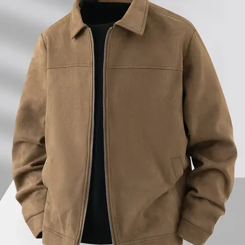 Men's Spring Collared Zipper Long Sleeve Jacket Coats, Casual Faux Suede Outerwear, Durable Fabric, Ideal for Daily Wear Menswear
