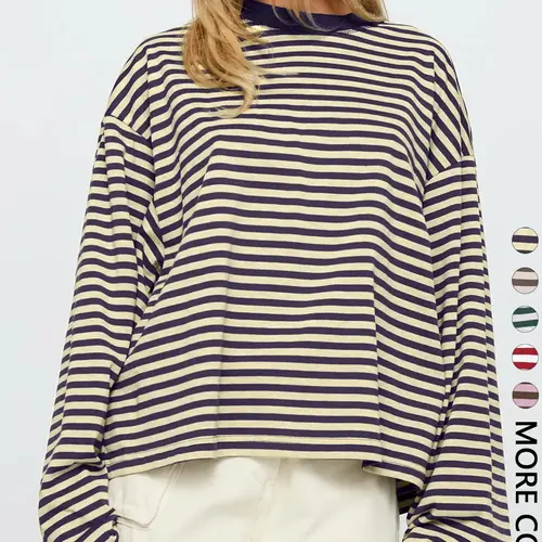 Women's Minimalist Striped Casual Long Sleeve Oversized Sweatshirt Top, Loose-Fit Kint Fabric, All Seasons Wear, Moderate Thickness, Cozy Sweatshirts
