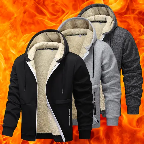 Men's Plain Long-Sleeve Zip Hoodie - 100% Polyester Tops, Wool-Lined Sweatshirt, Lightly Stretchable Regular Fit, Plus Size, Warm for Spring/Autumn, Hiking & Outdoor Activities, Beige/Black, Long-Sleeve Zip Men's Hoodies