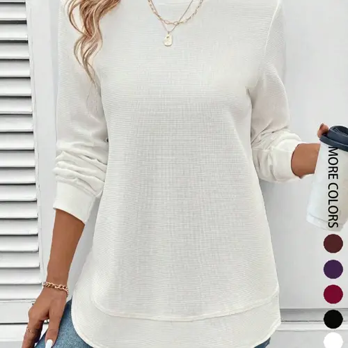 Women's Plain Round Neck Waffle Texture Sweatshirt, Casual Loose‑Fit High‑Low Hem Knit Pullover Top for Fall & Winter Seasons, Knitwear