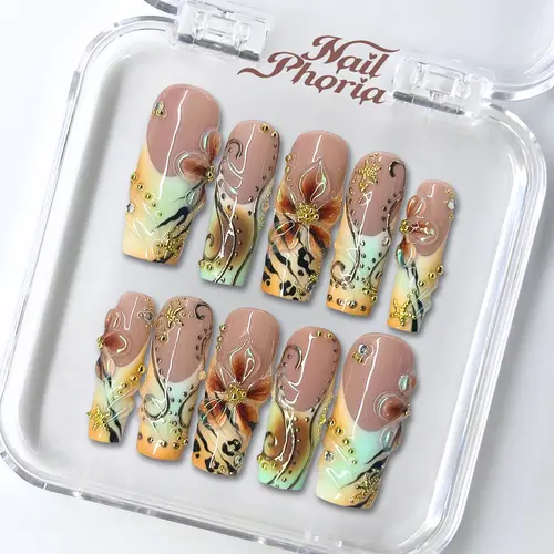 NailPhoria WHIMSY FABLE - Handmade Press-On Nails | Reusable, Salon-Quality, Long-Lasting, Glossy Design