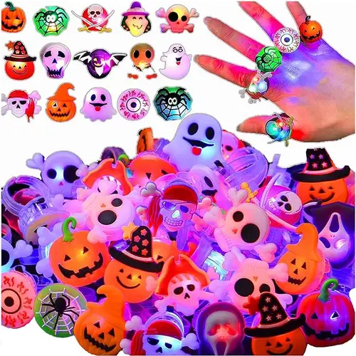 Halloween 50 Pcs 3D LED Light Up Flashing Rings, Festive Party Supplies Prizes Non-Candy Treats, Goodie Bag Filler, Party Event Props, Halloween Things, Cool Gifts for Kids