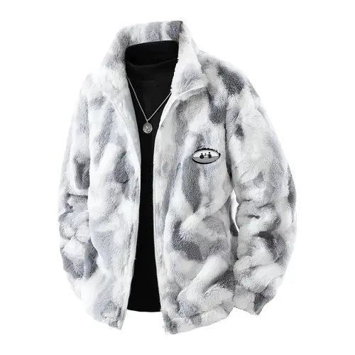 Men's Tie-Dye Fleece Stand Collar Long Sleeve Jacket - Autumn Winter Warm Woven Badge Menswear, Trendy Loose Casual Zip-Up Cardigan with Grey Sheepskin Infusion, Stylish Men's Clothing Top
