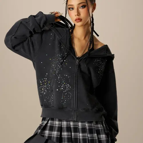 AELFRIC EDEN Women's Casual Soft Graphic Hoodie Tops - Unisex 2000s Aesthetic Streetwear, Oversized Vintage Washed Cotton Zip-Up with Rhinestone Star, Breathable Style