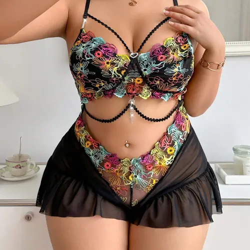 Women's Plus Size Sexy Corset Top, Floral Embroidery Sheer Bodysuit, Stretchy Bodysuits, Sexy Soft Comfy All Seasons Lingerie Fitted All-Season Intimate Wear, Stylish & Comfortable Design, Womenswear