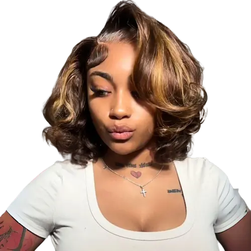 [New In 7x6 Wig] MENGLLE Honey Blonde Highlight / Natural Black / Brown Short Bouncy Body Wave Glueless 7x6 Transparent Lace Front Human Hair Side Part Bob Wig#tiktokshopbacktoschool