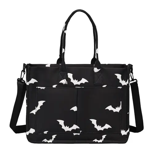 RIVERICH Halloween Canvas Tote Bag with Adjustable Strap for Women Trick or Treat Pumpkin Bag Reusable Large Capacity Zippered Crossbody Tote Bag with Handle Vintage Skull Print Ghost Pattern Multi Pockets