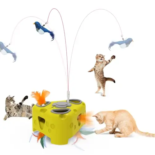 Interactive Cat Toy for Indoor Cats, Enrichment Stimulation Kitten Toys,Flying Bird,6 Holes Mole,Rotating Feather, USB Rechargeable Electronic Interactive Feather Toy for Bored Adult & Kitten Cats