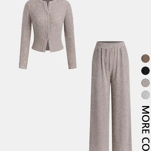 Women's Autumn Winter 2-Piece Set Outfit Top, Casual Basic Aesthetic Round Neck Long Sleeve Knitted Cardigan with Buttons & Loose-Fit Pants Womenswear Clothes