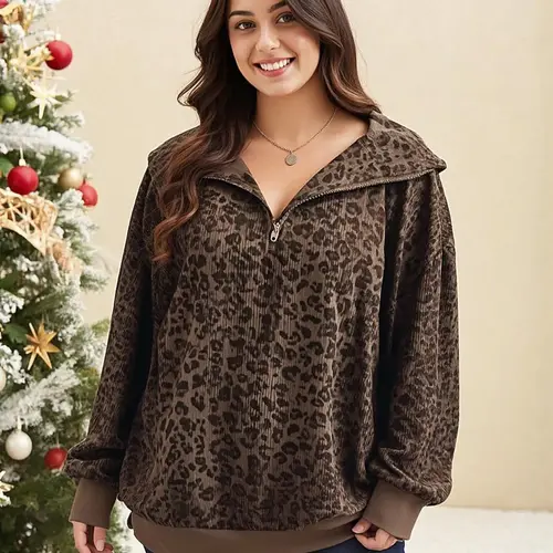 Women's Plus Size Fashion Zipper Long Sleeve Leopard Print Hoodie, Stylish Casual Winter Sweatshirt for Everyday Dates