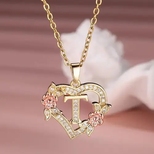 Women's Rose Gold Aesthetic Alphabet Heart Initial Necklace, 1pc Elegant Zirconia Gold Plated Chain Necklace, Dainty Custom Letters Casual Style Jewelry for Valentine's Day Gifts (GM-954), Gold Plated Necklace, Dainty Gold Letter